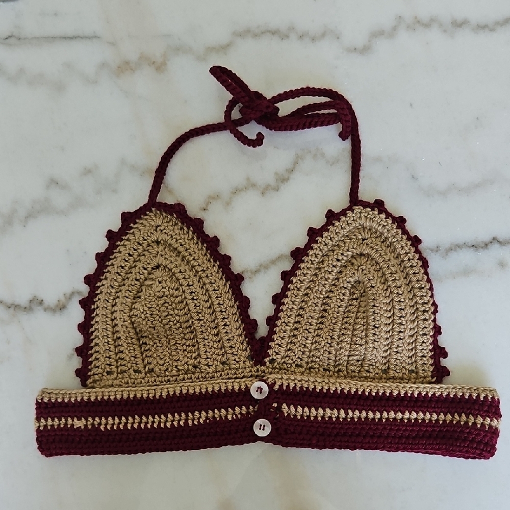 Handmade Crochet Halter Top - Burgundy and Tan